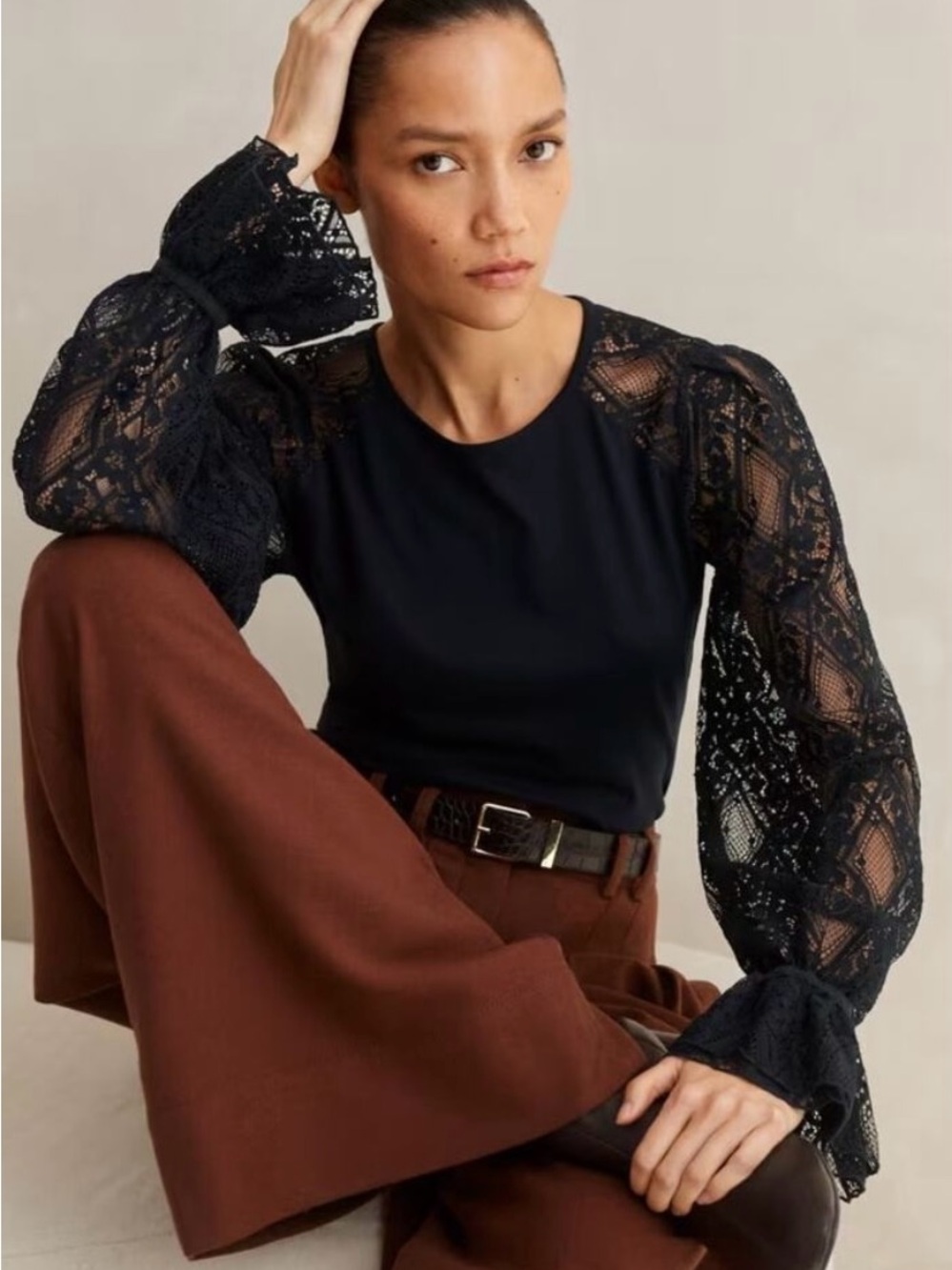 ME+EM Antique Lace Sleeve Layering Top Cotton Jersey Mixed-Media Size US 8